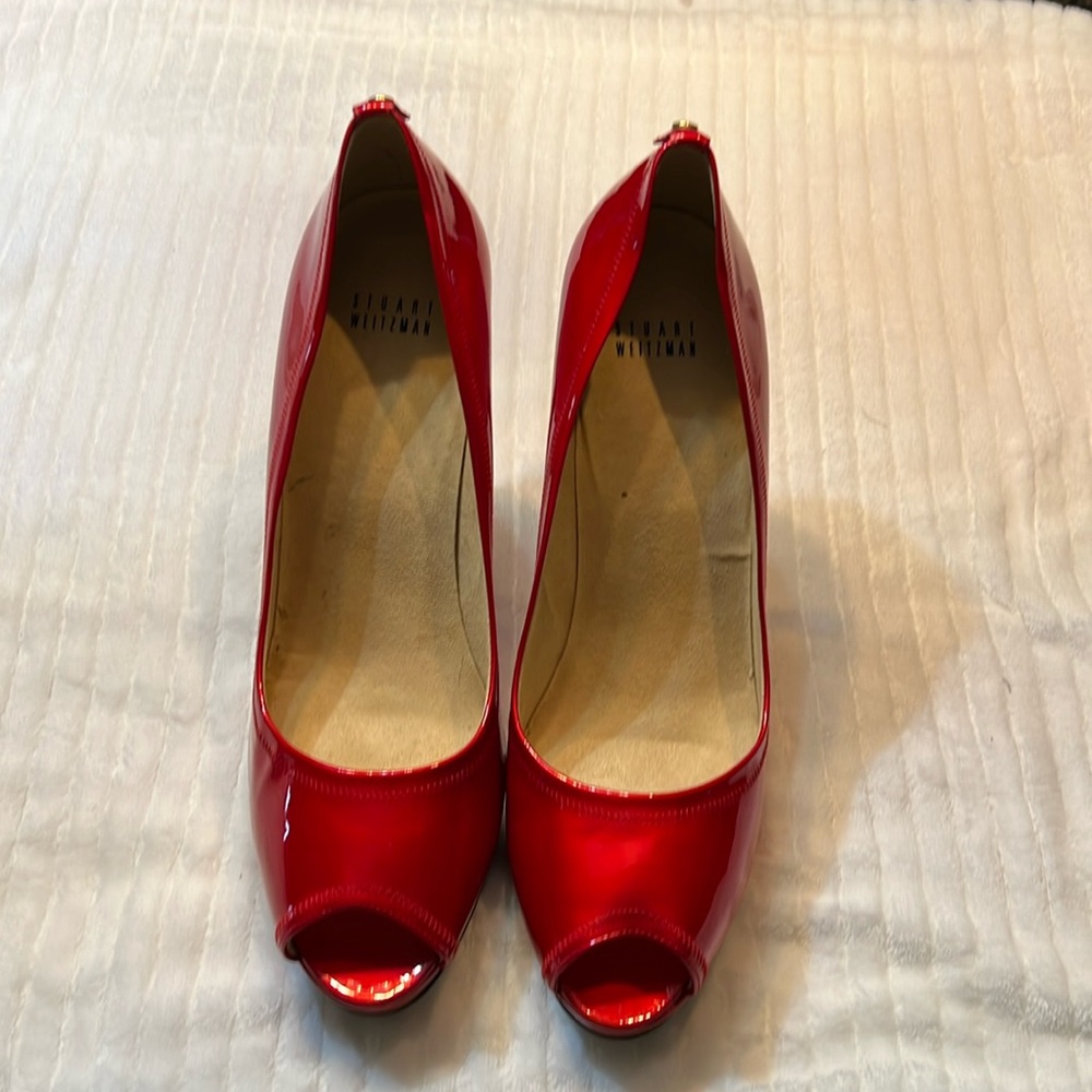 New Stuart Whitman peep toe red patent leather pump
